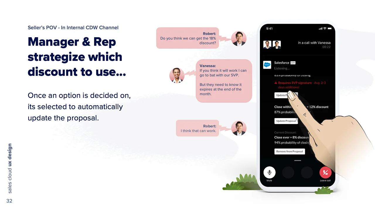 Manager and rep talk through which discount to use and select one, which updates the proposal automatically.